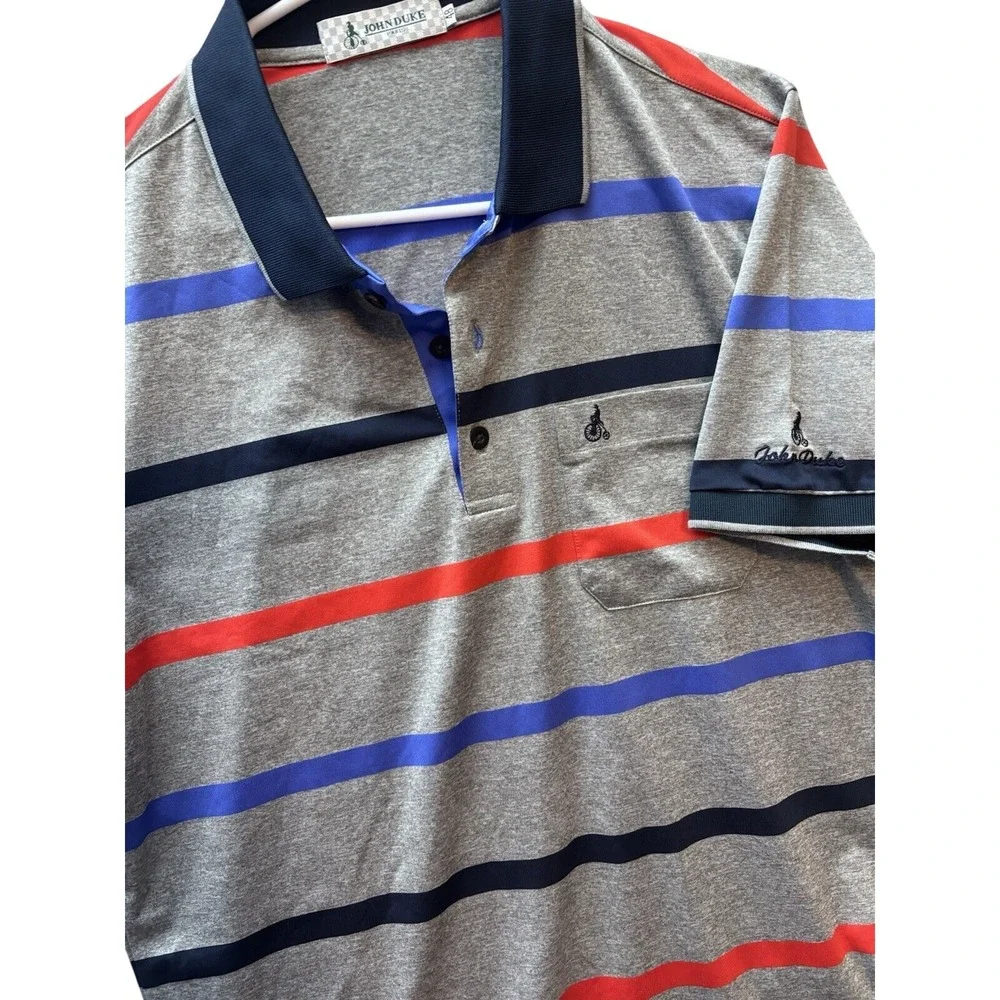 John Duke Paris Polo Shirt Men *Large Gray Striped Penny Farthing Embroider Logo